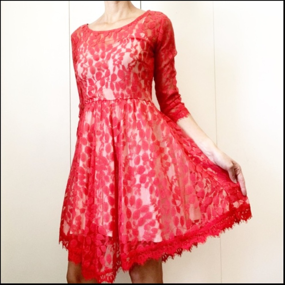 Free People Floral Mesh Lace Dress Red Raw Hem 2
